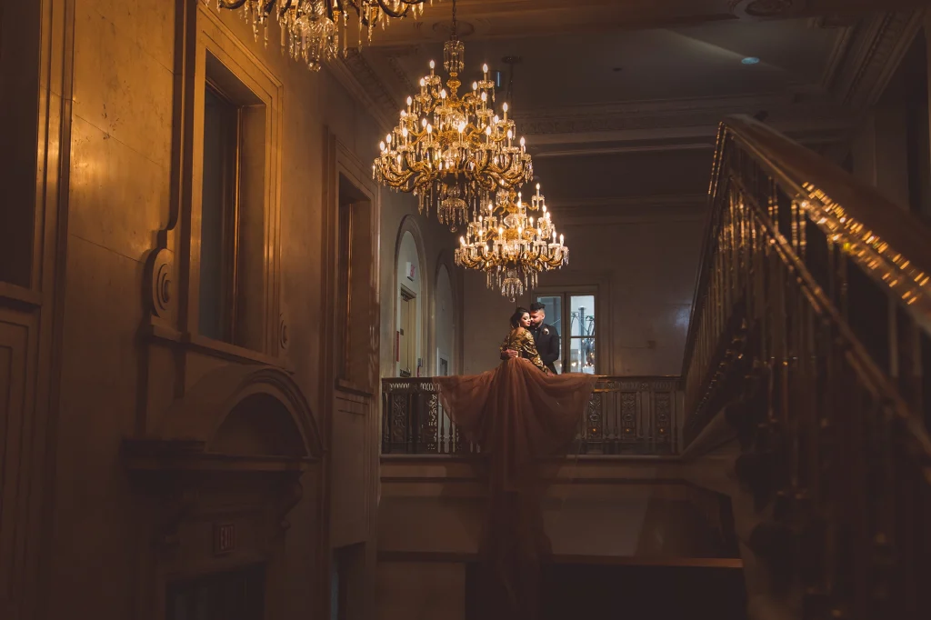 One King West Hotel Engagement Photoshoot, Long Train Gold Dress