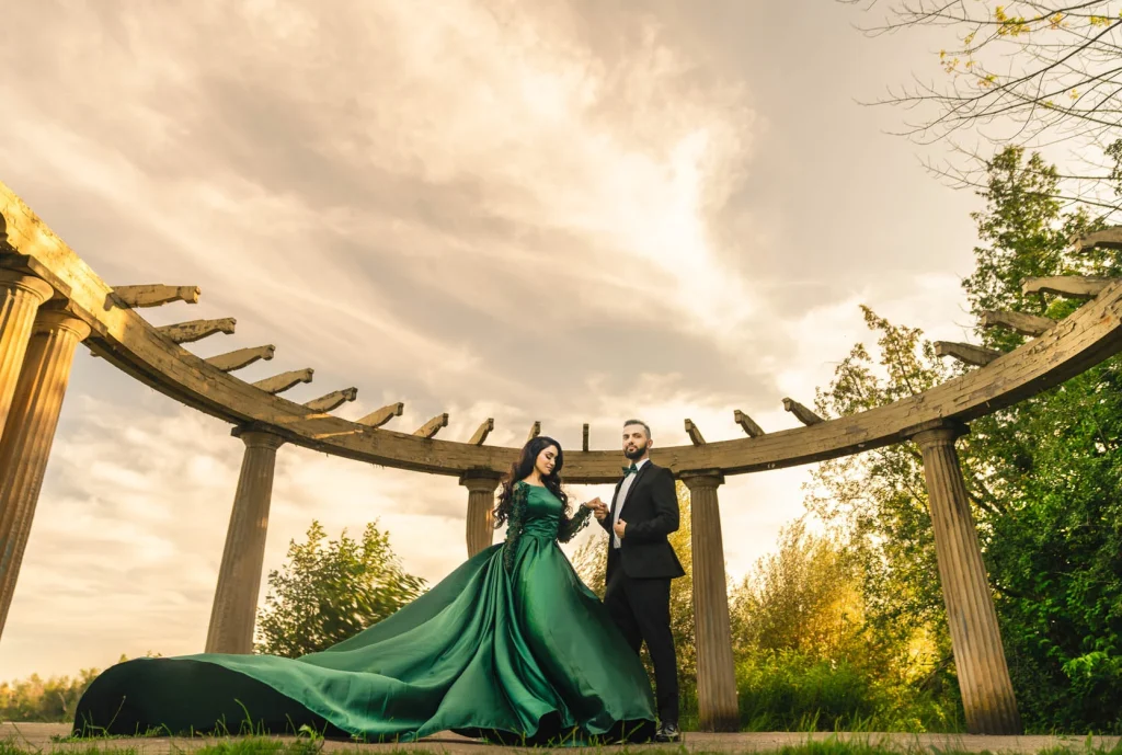Long Train Green Dress Engagement Photoshoot Seneca College King Campus