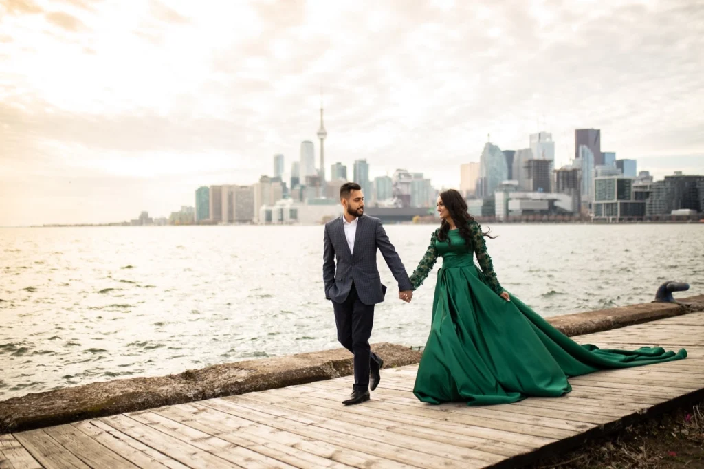 Green Long Train Dress on Harbourfront - Engagement Photography Toronto Skyline