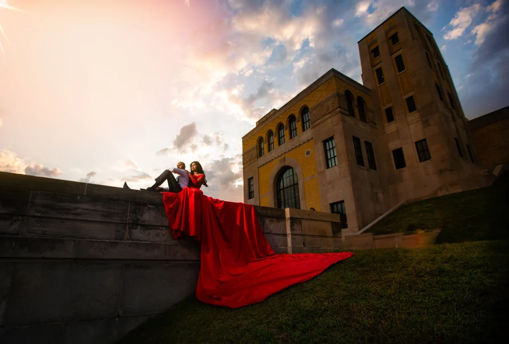 Long Train Red Dress in a Castle - EC Harris Waterplant Engagement Photoshoot