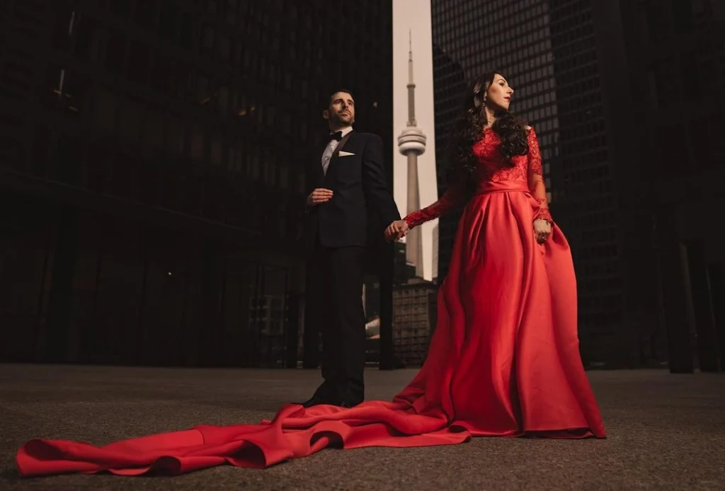 A Long Train Red Dress Engagement Photography Distillery District, eshoot downtown Toronto