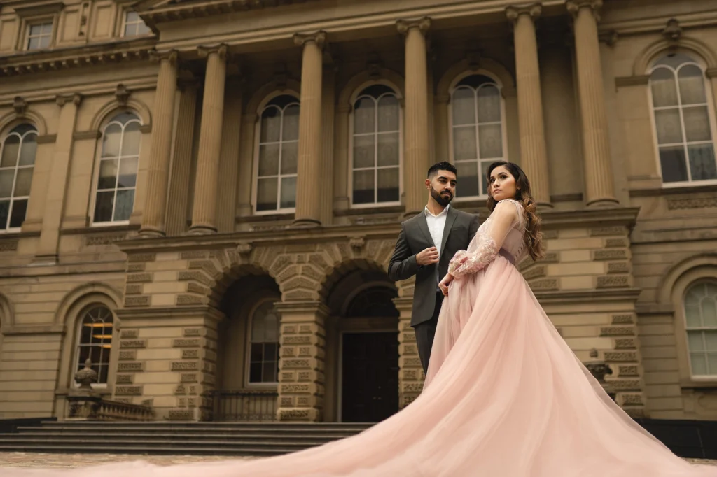A long train pink dress engagement photoshoot at Osgoode Hall