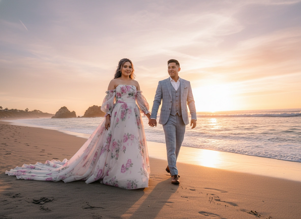 Floral Long Train Engagement Photo Outfit