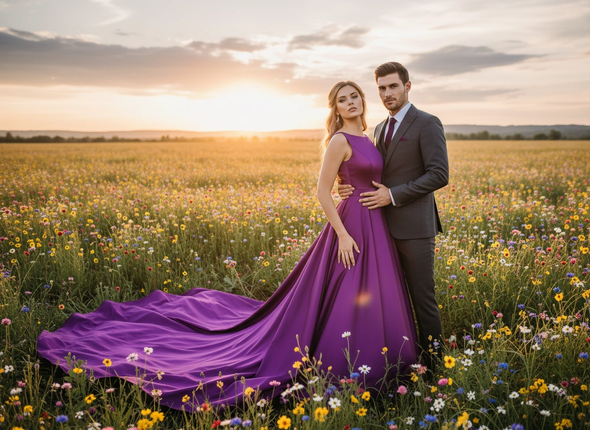 Spring engagement photoshoot ideas — couple posing in a wildflower meadow at sunset, woman wearing a purple long-train satin gown with a sweeping train pooling across the flowers, man in a charcoal suit
