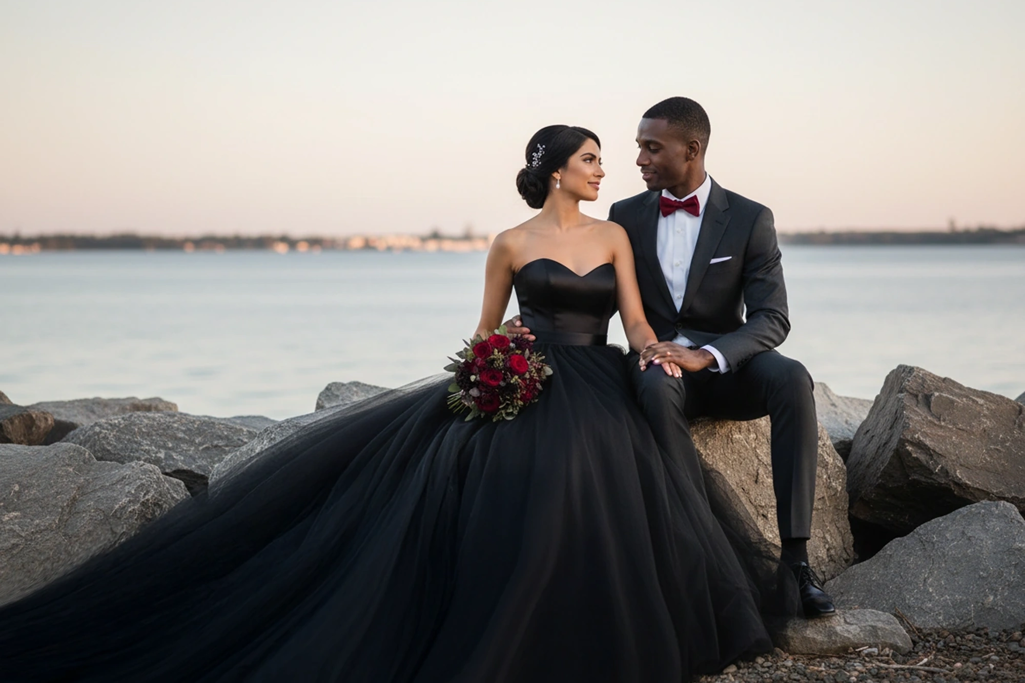 Long Train Dress Rental black ball gown, couple engagement photos on lakeshore rocks at dusk